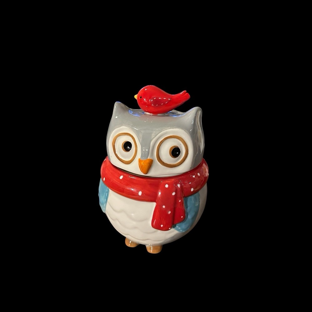Boston Warehouse Snowy Owl Cookie Jar Red Scarf Bird Lid 9" Christmas